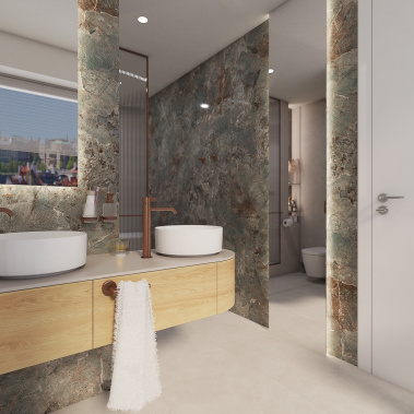 Waschtisch, stand-waschtischarmatur, fliesen estrich a obklad imitace mramoru v luxusní koupelně AMAZZONITE