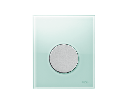 Urinal-Betätigungsplatte Loop mit grünem Glas und Tasten aus mattem Chrom