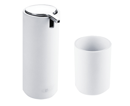 Badezimmerausstattungs-Serie OMI (Seifenspender und Zahnputzbecher)| stehend | weiß